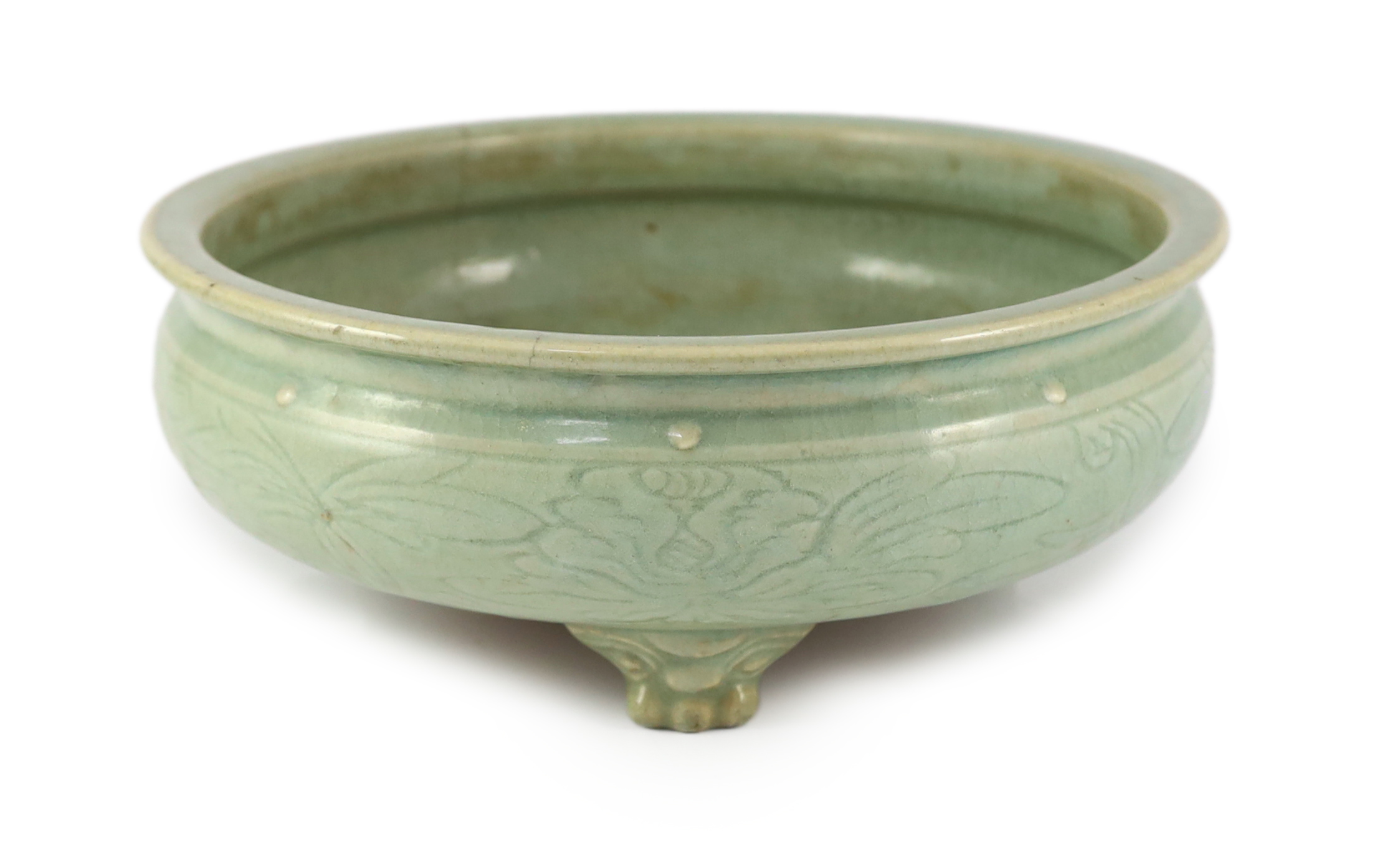 A large Chinese Longquan celadon ‘magnolia’ tripod censer, Ming dynasty